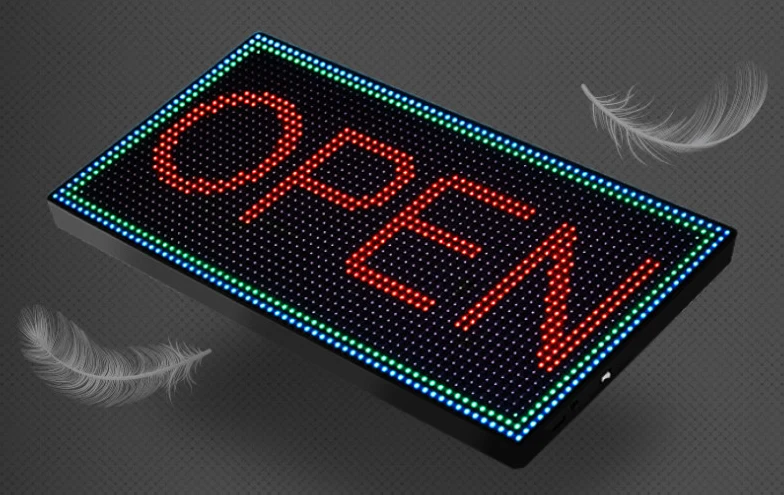 RGB 테두리와 OPEN 문구를 표시하는 픽셀온 LED 전광판